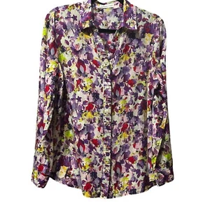 Camicia Coldwater Creek taglia XL cotone seta viola floreale bottoni davanti DIFETTO - Foto 1 di 8