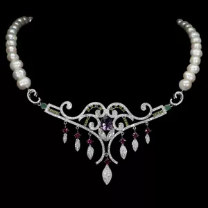 Collana In Argento Sterling 925 Con Perla E Gemma Di Ametista 11x8mm 21 Pollici - Foto 1 di 14