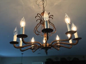 Vintage Brass Antique Glass Crystal 10 Arm Chandelier Hanging Light Fixture - Picture 1 of 11