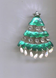 KARU GREEN PEARL DROPS CHRISTMAS TREE PIN silver - Picture 1 of 1