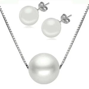 PERLEN SCHMUCKSET 925 STERLING SILBER PLATTIERT HALSKETTE PERLE KETTE OHRRINGE - Bild 1 von 6
