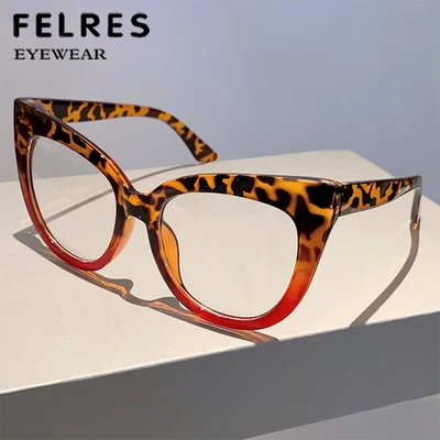 FELRES Damen Cat Eye Anti Blau Licht Klare Gläser Lesebrille Übergröße Retro Brille