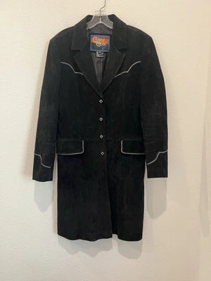 Abrigo largo de cuero occidental de gamuza negra vintage Cripple Creek rodeo para mujer talla M Foto 1 de 4