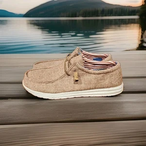 Brown Canvas American Flag Slip-On Shoes Elastic Pull String Mens Sz 12 EU46 - Picture 1 of 5