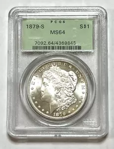 1879-S MORGAN SILVER DOLLAR PCGS MS64, BRIGHT, OLD GREEN LABEL, FROSTED CASE - Picture 1 of 2