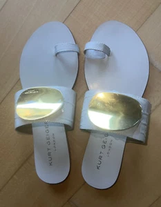 KURT GEIGER LEATHER SLIP ONS, BONE /IVORY PRINTED LEATHER SANDALS,GOLD DETAIL 3 - Picture 1 of 12