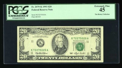 DBR 1993 $20 FRN Dallas Fr. 2079-K PCGS 45 Serial K72275020A - Image 1 of 2
