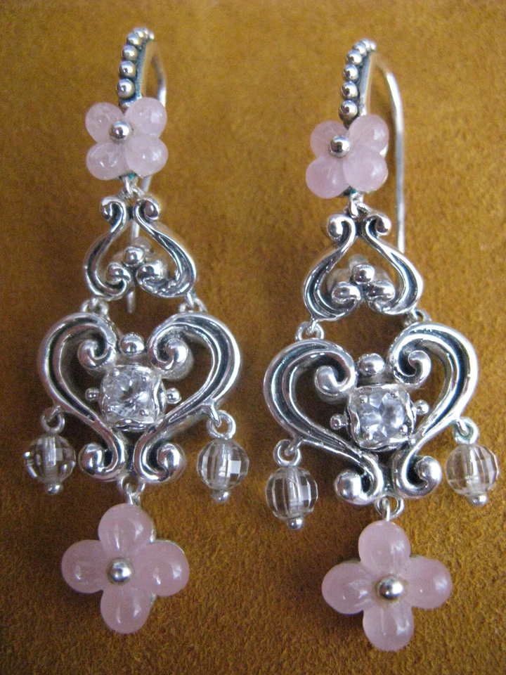 BARBARA BIXBY PINK JADE TOPAZ GEMSTONE DANGLE EARRINGS FLOWER HEART SS Carved Foto 1 de 1