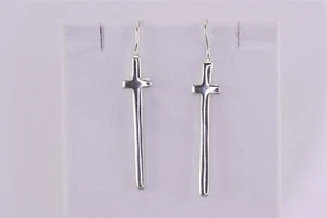 Sterling Silver 45mm x 8mm Solid Stretched Cross 925 Hook Mex Earrings - Picture 1 of 6