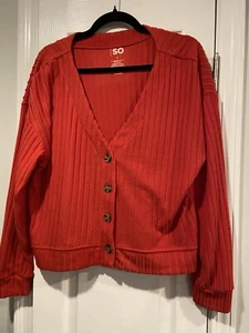 SO Size Large Cropped Fuzzy Oversized Striped V Neck Button Front Red Cardigan - Picture 1 of 10