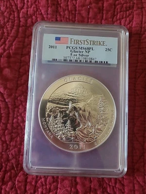 2011 ATB Glacier National Park 5 Oz Silver  25c PCGS MS68DMPL First Strike - Image 1 of 4