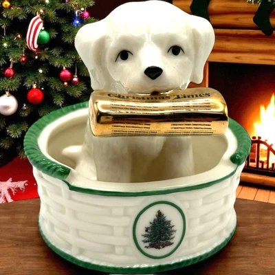 Spode Christmas Tree Ornament Puppy Dog Christmas Times in Basket 3" - Image 1 of 4