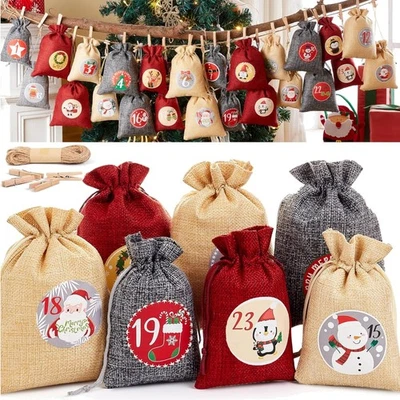 Adventskalender Set 24 Jutesäckchen Weihnachtsdekoration Befüllen Geschenktüt... - Bild 1 von 4
