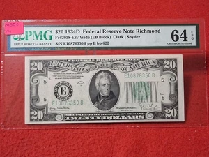 1934D $20 FEDERAL RESERVE NOTE Fr#2058-EW WIDE PMG 64 CH/UNC EPQ RICHMOND #M5001 - Picture 1 of 2