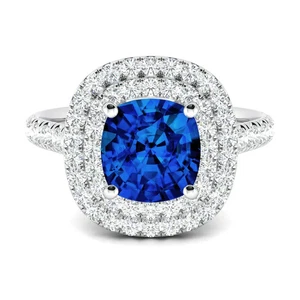 1.70 Ct Cushion Cut Lab Created Blue Sapphire Gemstone Diamond Ring 950 Platinum - Picture 1 of 10