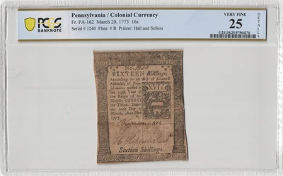 Fr.PA-162 March 20, 1773 16 Shillings Pennsylvania Colonial Currency PCGS VF 25 - Image 1 of 2