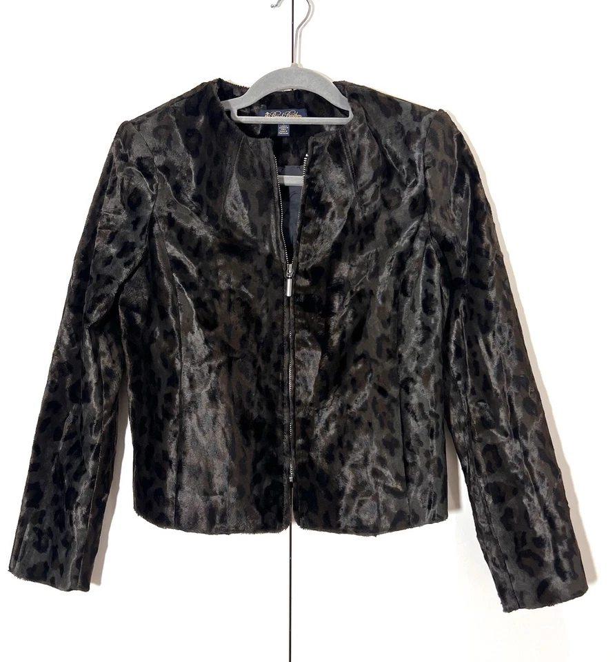 Chaqueta Brooks Brothers para mujer 6 imitación pelo de becerro estampado animal cremallera completa marrón negro Foto 1 de 4