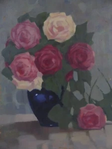 Pintura al óleo Art Nouveau flores bodegón de flores rosas en jarrón probablemente Rudolf Witzel - Imagen 1 de 14