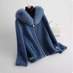 Cappotto shearling donna vera pelliccia di volpe collo cappuccio lana shearling pelle parka - Foto 1 di 14