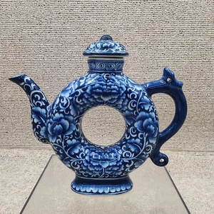Blooming World Hand Painted Blue & White Teapot Pitcher Donut Shape - Picture 1 of 18