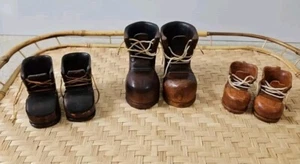 Vintage Hand Carved Wooden Shoes/Boots 3 Pair Artist Signed S-86 See Description - Picture 1 of 11