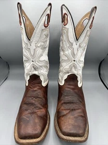 Cavender's Leather Cowboy Boots Men's Size 8 Brown White Tops Square Toe Western - Picture 1 of 9