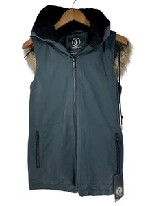 Volcom Puffer Vest Women XS Black Faux Fur Sleeveless Zip Up Jacket Gorpcore - Picture 1 of 9