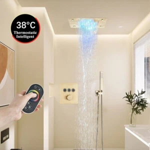 Thermostat Gebürstet Gold LED Regen&Wasserfall Dusche Wasserhahn Kopf Kombi Set Ventil - Bild 1 von 11