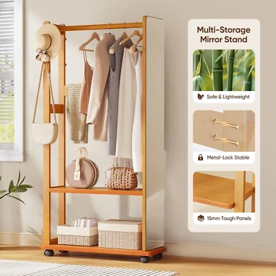 66" Stylish Bamboo Garment Rack with Full-Body Mirror Wheels Coat Shelf Storage - Image 1 of 4