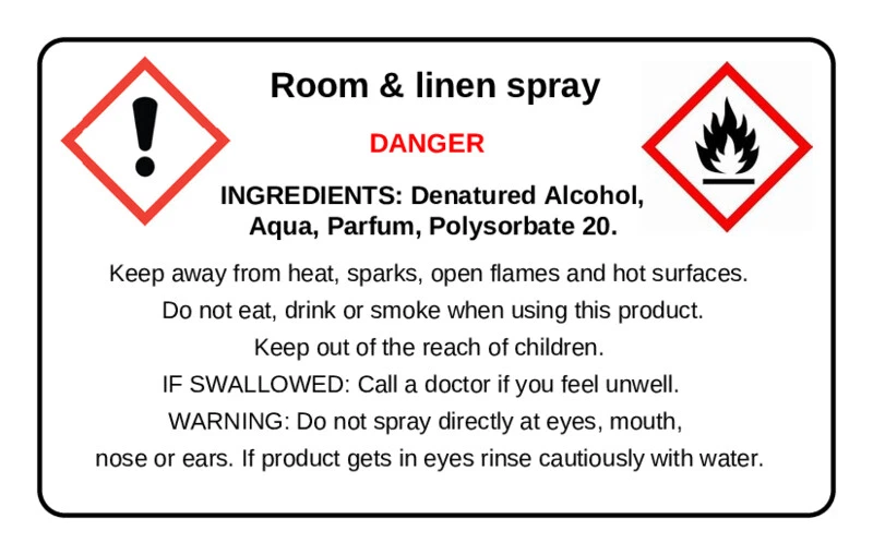 Personalised- CLP- ROOM/ LINEN SPRAY safety warning stickers labels - Image 1 of 1