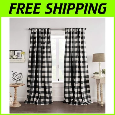 Machine Washable Black Buffalo-Check Curtains - 52" x 108" Farmhouse Style - Image 1 of 4