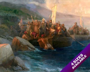 CHRISTOPHER COLUMBUS ARRIVES TO THE NEW WORLD AMERICA PAINTING ART CANVAS - Picture 1 of 47