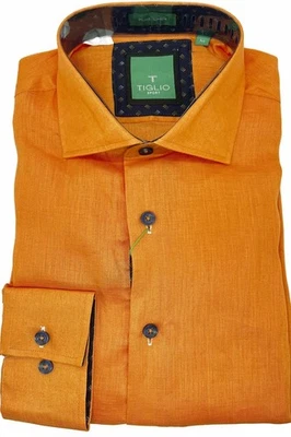 Tiglio Sport Linen Dress Shirt Mens 2X Tangerine Modern Fit Flip Cuff Italy Made - Image 1 of 4