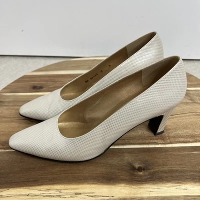 VTG Stuart Weitzman 8 Ivory Shimmer Gold Leather Textured Slip-On Block Heel 3” - Image 1 of 4