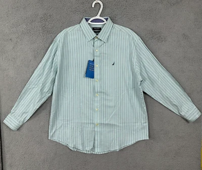 Camisa social Nautica adulto 16.5 32 33 azul verde botão listrado ajuste clássico - Imagem 1 de 4