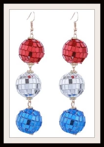 Red White Blue Disco Ball Tiered Drop Earrings Length 4″ Patriotic - Picture 1 of 1