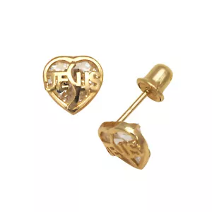 14K Yellow Gold Zircon JESUS Heart Stud Screwback Earrings - Picture 1 of 1