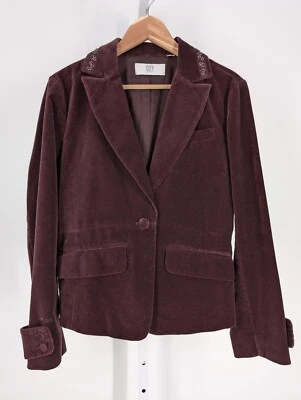 DKNY Vintage Y2K Burgundy Velvet Hendrix Boho Lace Bead Bow Jacket Blazer Tux 38 - Image 1 of 4