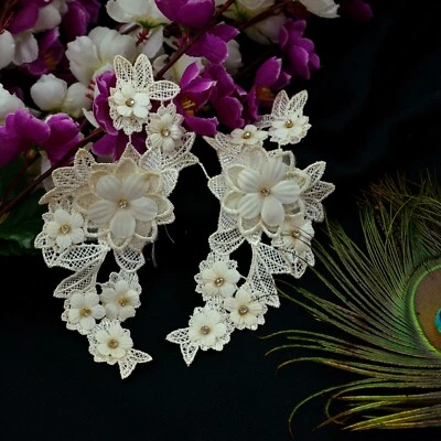 VERY OLD ANTIQUE Vintage Embroidered 2 Pcs Rare Appliques Ivory Patches Floral - Image 1 of 4