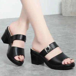 Sandalias cómodas antideslizantes de cuero sintético para mujer verano suela gruesa tacón alto zapatilla - Imagen 1 de 13