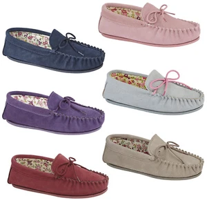 Ladies Mokkers Moccasin Slippers Lily Suede Comfy Floral Lined Indoor Shoe UK3-9 - Picture 1 of 52