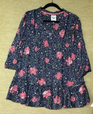 Mantaray Tunic Top Womens Size 12 Blue & Pink Floral V Button Neck Blouse. - Image 1 of 4