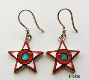 HANDCRAFTED RED SPINY OPAL MOTHER OF PEARL INLAY .925 SILVER STAR HOOK EARRINGS - Picture 1 of 5