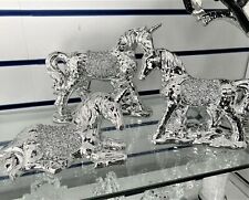 Xl Set Of 3 Silver Unicorn Sparkle Bling Ornament Crushed Diamond Home Decor