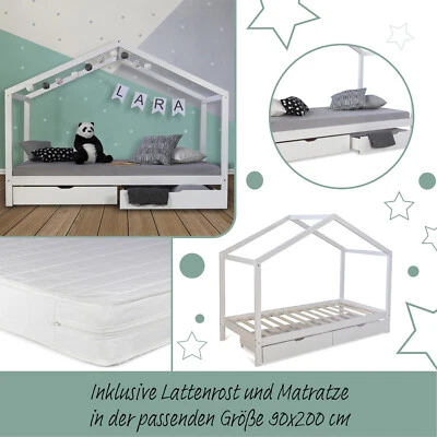 Kinderbett 90x200 Matratze Mädchen 2 Schubladen Junge Hausbett Weiß Homestyle4u - Bild 1 von 4