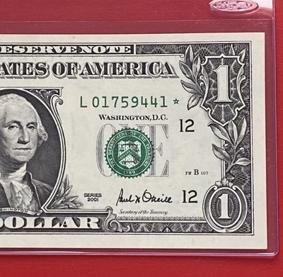 2001 Star Note $1 DOLLAR BILL ( SAN FRANCISCO L ) UNCIRCULATED - Image 1 of 3