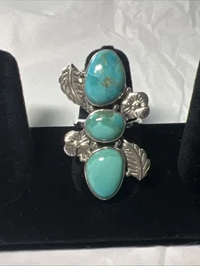 Großer Sterling Silber Southwestern Ring mit drei Steinen Türkis verstellbar - Bild 1 von 21