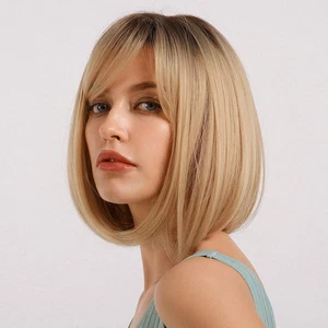 Blonde Bob Wig with Bangs Short Bob Wigs for Women Short Blonde Wig with Dark... - Picture 1 of 8