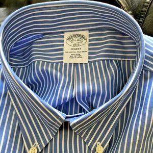 brooks brothers dress shirt blue whit striped 17.5" x 34-35 new non iron cotton - Picture 1 of 4