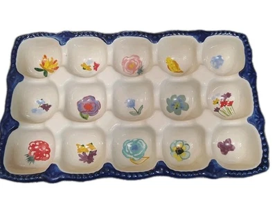 Soporte para 15 huevos de gres Celia The Pioneer Woman en base floral azul nuevo Foto 1 de 4
